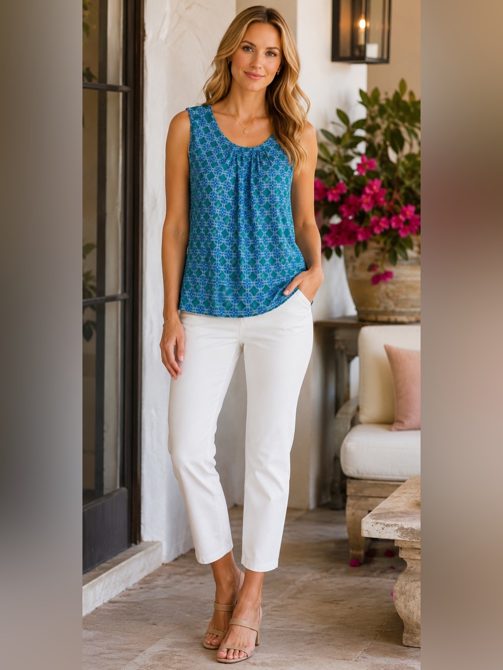 Sleeveless Blue-Green Geometric Print Top